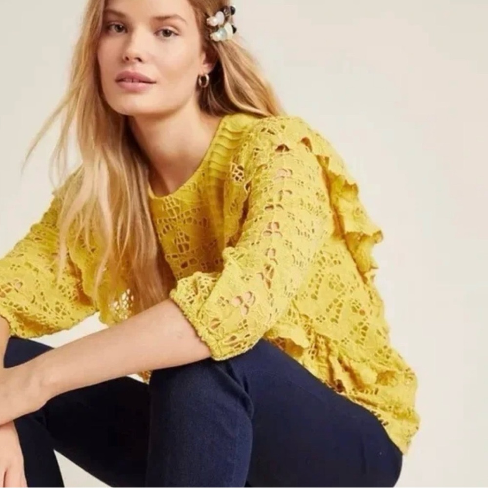 Anthropologie XL Eyelet Lace Ruffle Women's Top Boho Mustard Colorful Coquette